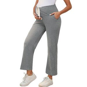 Maternity Wide Leg High Waisted Lounge Pants with Pockets Light Grey